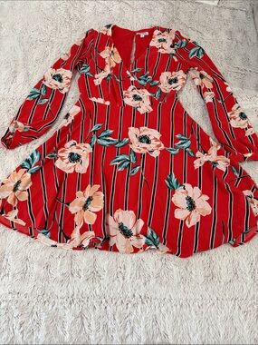 Express Red Floral Stripe Fit & Flare Dress